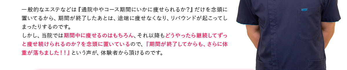 一般的なエステなどは『通院中やコース期間にいかに痩せられるか？』だけを念頭に置いてるから、期間が終了したあとは、途端に痩せなくなり、リバウンドが起こってしまったりするのです。しかし、当院では期間中に痩せるのはもちろん、それ以降もどうやったら継続してずっと痩せ続けられるのか？を念頭に置いているので、『期間が終了してからも、さらに体重が落ちました！！』という声が、体験者から頂けるのです。