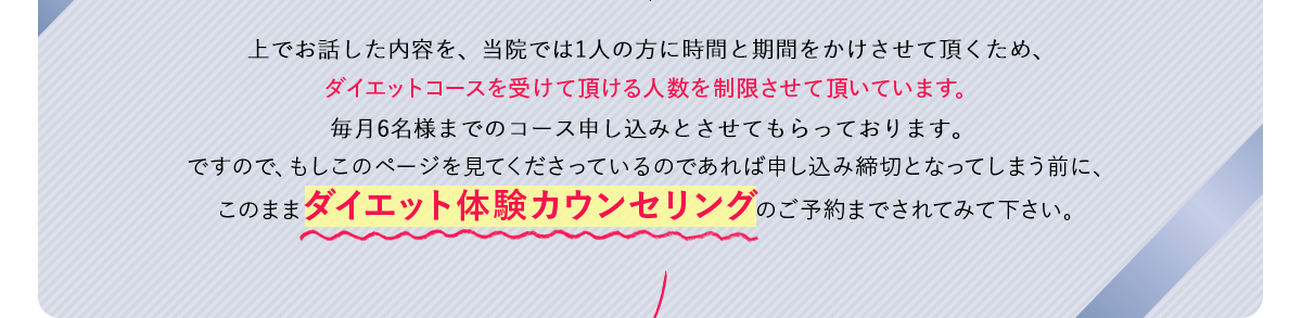 上でお話した当院では１人の方に時間と期間をかけさせて頂くため、
            ダイエットコースを受けて頂ける人数を制限させて頂いています。
            明野院、上野院にそれぞれ美容カウンセラーが２人ずつですので、十分に満足のいく対応ができる人数
            ということで、毎月各院６名様までのコース申し込みとさせてもらっております。
            ですので、もしこのページを見てくださっているのであれば申し込み締切となってしまう前に、
            このままダイエット体験カウンセリングのご予約までされてみて下さい。