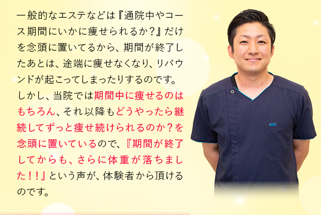 一般的なエステなどは『通院中やコース期間にいかに痩せられるか？』だけを念頭に置いてるから、期間が終了したあとは、途端に痩せなくなり、リバウンドが起こってしまったりするのです。しかし、当院では期間中に痩せるのはもちろん、それ以降もどうやったら継続してずっと痩せ続けられるのか？を念頭に置いているので、『期間が終了してからも、さらに体重が落ちました！！』という声が、体験者から頂けるのです。